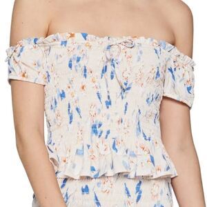 BCBGeneration Off the Shoulder Blouse Flutter Sleeves Smocked Bodice Size Small